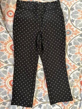 Anne Klein Black Pants with White Hex Dot Pattern and Gold Logo